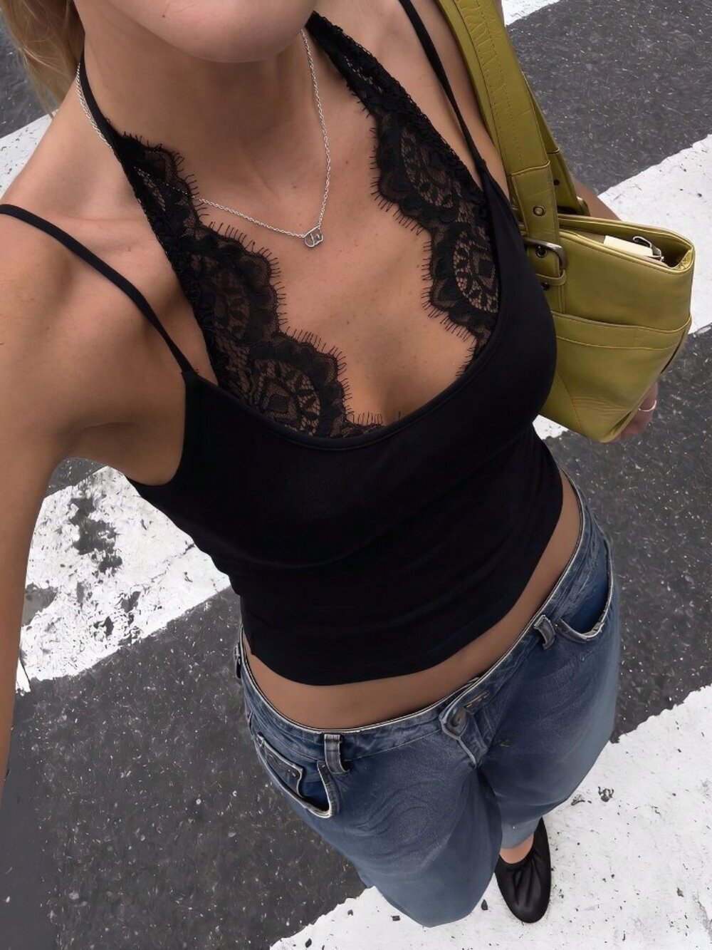 Black Casual Women's Camisole with Contrast Lace Detail